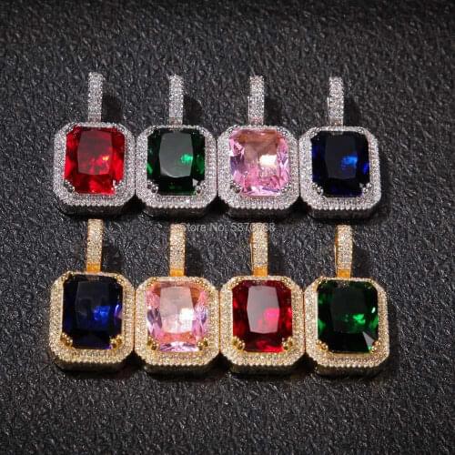 Hip hop ice out rectangle stone gold plated red purple blue pink green color pendant necklace chain for men