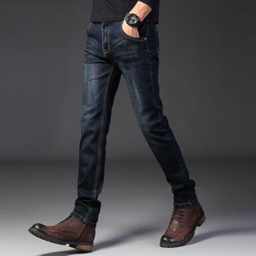 2020 Autumn winter thick business jeans mens Business trendy brand slim straight leg stretch denim pants black blue Trousers