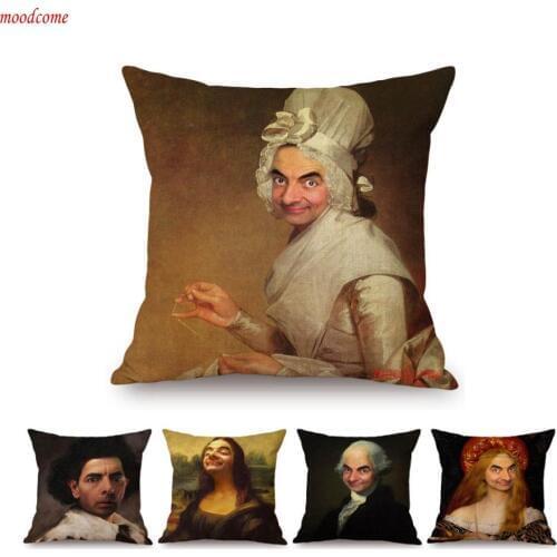 Modern Art Funny Humourous Mr Bean World Famous Oil Painting Mona Lisa Special Decoration Sofa Throw Pillow Case Cushion Cover
