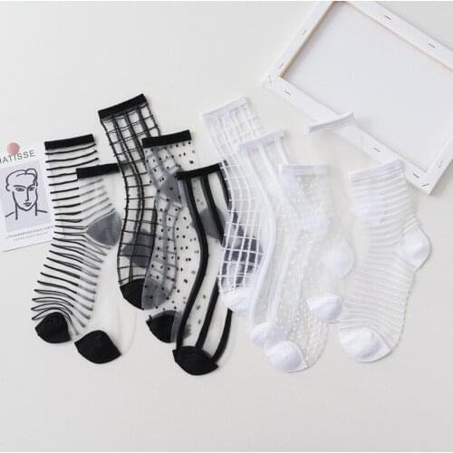 5 Pairs Summer Women Sexy Harajuku Lace Mesh Fishnet Socks Mixed Fiber Transparent Stretch Elasticity Glass Silk Socks