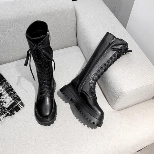 2021 New Platform Mid-Calf Martin Boots Women British Style Handsome Tube Fashion Boots Breathable Knight Boots Women