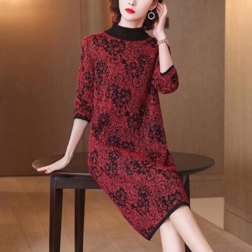 2021 New Autumn Winter Retro Floral Print Warm Long Wool Sweater Women Elegant Knitted Mid-length Sweater Dress