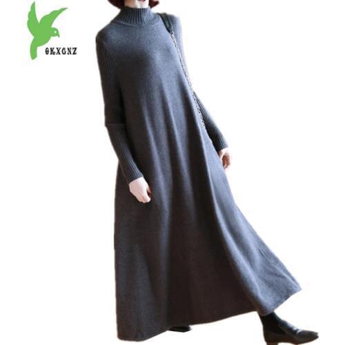 New Womens Autumn Knit Dress Lengthen Big swing Dress Boutique Winter Large size Dress Pullover Sweater Long Dress OKXGNZ A1165