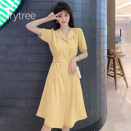 Trytree 2020 Summer Woman Dress Casual Turn-down Collar Solid 2 Color Fashion Elegant A-line Knee-Length Office Lady Dress