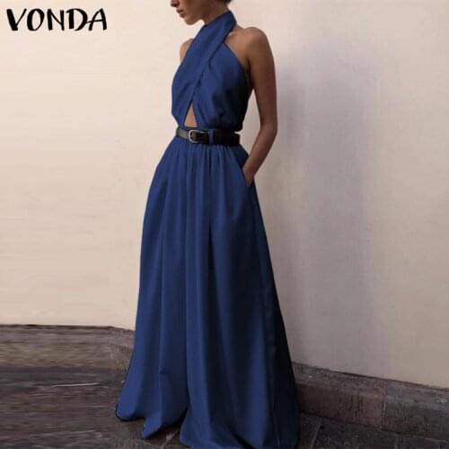 VONDA Summer Sexy Sleeveless Solid Dress Long Maxi Dresses Bohemian Vestidos Femme Beach Sundress S- Party Robe