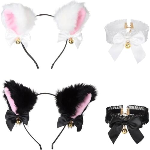 2 Pcs Cat Ear Headband With Bells Necklace Cosplay Girl Plush Furry Cat Ears Headwear Fancy Dress Hairband For Costume Party