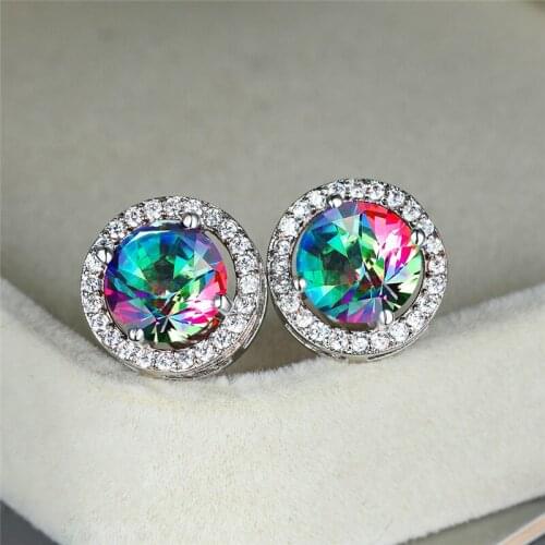 Simple Fashion Round Stone Small Earrings Luxury Female Rainbow Crystal Earrings Vintage Silver Color Stud Earrings For Women