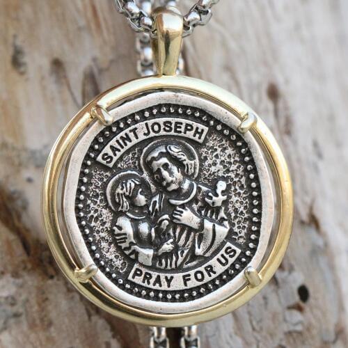Retro Catholic Necklace Saint Joseph Pray For us Medal Patron Pendant Mens Russian Jewelry Dropship