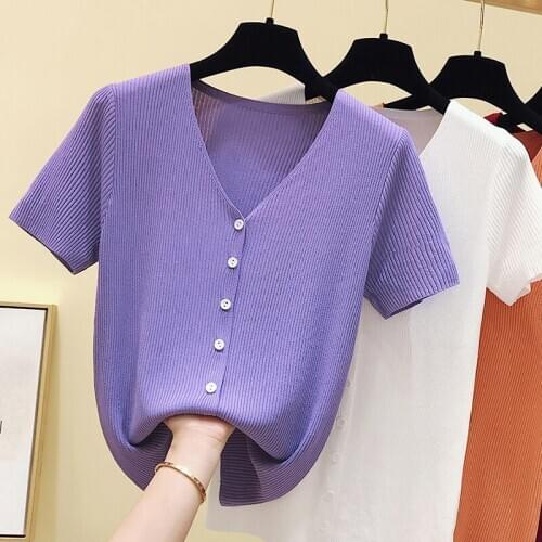 V-neck thin knitting female sweater with short sleeves v neck summer women sweater and pullover casual button solid sweater