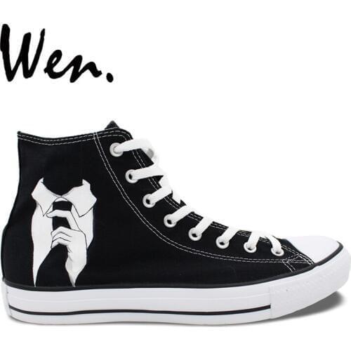 Wen Original Design MR Cat Suit Tie Hand Painted High Top Shoes Customized Black Canvas Shoes Girls Boyss Outdoors Sneakers
