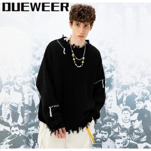 Dueweer Knit Sweaters Oversize Pullovers Autumn Half Turtleneck Mens Streetwear Wash Destroyed Hip Hop Tassels Ripped Sweater