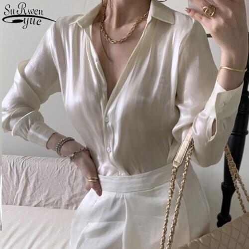 Vintage Blouse Women Autumn Fashion See Through White Satin Silk Shirt Long Sleeves Female Korean Loose Street Shirts 11971