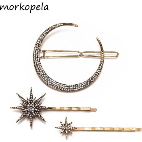 Morkopela Star Rhinestone Hairpin Vintage Women Hair Clip Moon Star Hair Pins Accessories Wedding Hair Jewelry