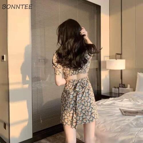 Dresses Women Hollow Out Sexy Floral Lace-up Slim Elegant Lady Chic Summer Breathable Mini Trendy Korean Style High Waist Female