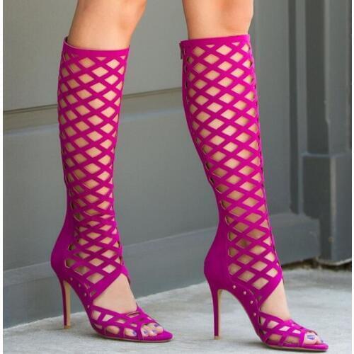 2017 Summer Hot Cutout Style Women Knee High Boots Sexy Open Toe Ladies Gladiator Boot Female Fashion High Heel Boots Dress Boot