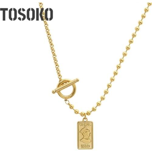 TOSOKO Stainless Steel Jewelry Round Bead Chain Geometric Square Brand Clavicle Chain OT Buckle Womens Retro Necklace BSP234