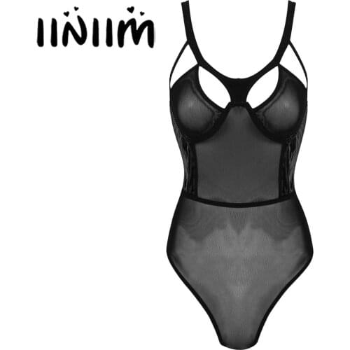 Womens Mesh Leather Patchwork Sissy Bodysuit Transparent Lingerie See-through Underwire Unlined Bra High Cut Teddies Clubwear