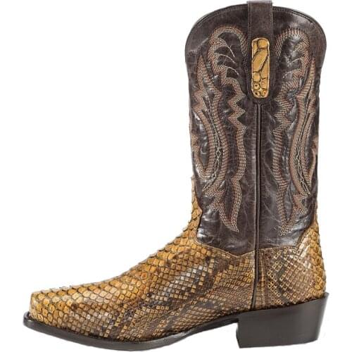 Winter Fashion mid-cut calfskin snake print cowboy boots western embroidery mens square toe outdoor cool motorcycle boots