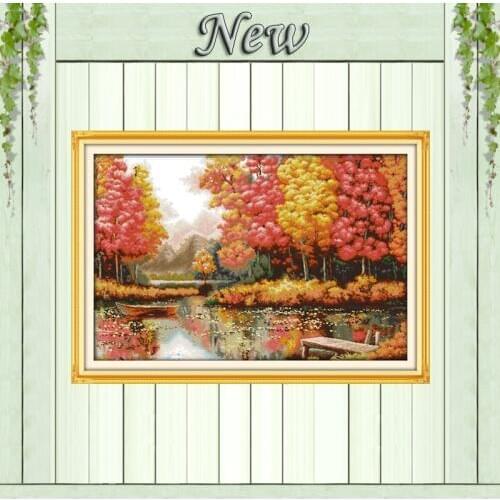 Golden time lakeside mountain trees paintings Counted print on canvas DMC 14CT 11CT Cross Stitch Needlework kits Embroidery Sets