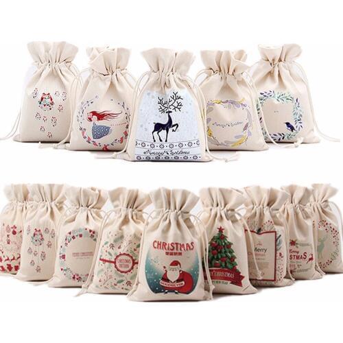 1PCS Gift Bag Christmas 14 Styles Red Drawstring Canvas Santa Sack Santa Deer Rustic Vintage Christmas stocking bags Decoration