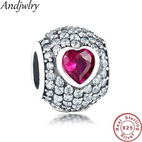 Authentic 925 Sterling Silver Bead Fit Original Pandora Charm Bracelets Heart Pave Clear With Pink CZ Beads DIY Jewelry Making