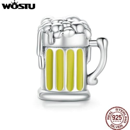 WOSTU 925 Sterling Silver Beer Glass Cup Charms Beads Fit Original Bracelet Necklace Wine Glass Pendant Jewelry Making CQC1671