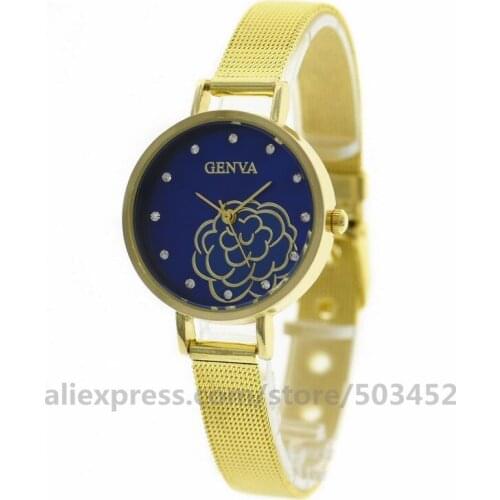 100pcs/lot GENVA 8224 Watches Factory Price Watch Strap Thin Steel Belt Zirconia Scale Montre Homme New Quartz Watches Women