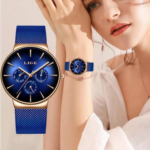 LIGE New Fashion Women Watches Ladies Top Brand Luxury Creative Dial Sport Quartz Watch For Women Blue Waterproof Bracelet Watch
