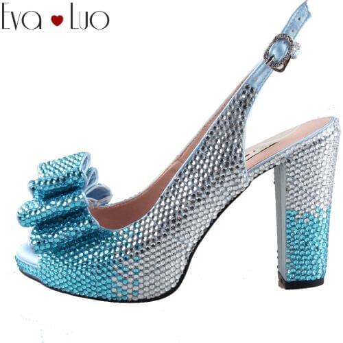 CHS959 DHL Custom Made Power Blue Crystal Bow Slingbacks Block Heel Women Shoes High Heels Dress Pumps Bridal Wedding Shoes