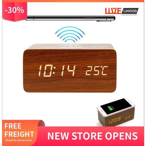 Led Wooden Digital Alarm Clock Voice Control Digital Thermometer Usb Alarm Clock With Phone Wireless Charger And Date