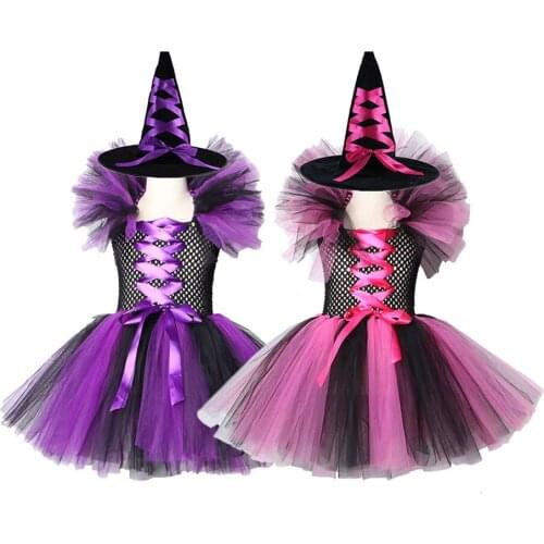 Children Halloween Witch Cosplay Costume with Witch Hat Children Black Clothing Girl Carnival Mesh Gauze Tutu Skirt Costumes