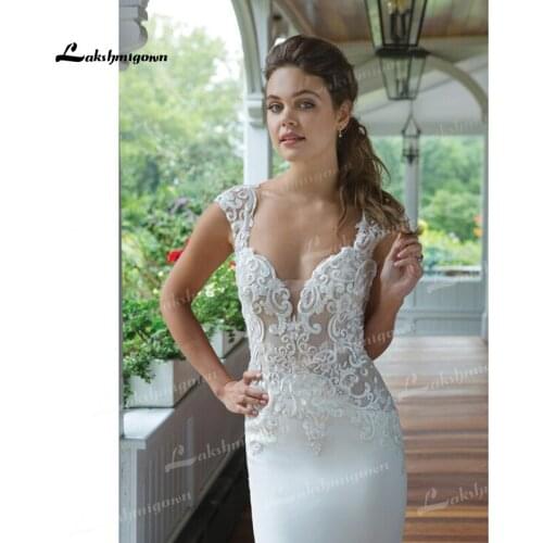 Elegant Sheath Wedding Dresses Lace Bodice Illusion V-Neck Cap Sleeve Key Back Soft Satin Chapel Length Train Ruched Bride Gown