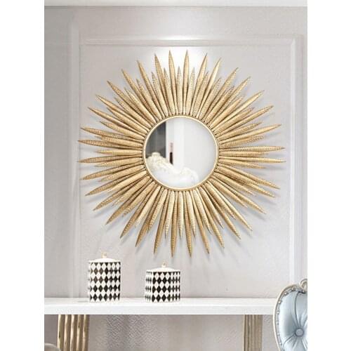 European Luxury Wrought Iron Wall Sun Flower Decorative Mirror Crafts Hotel Home Sofa Background 3D Stereo Mural Ornaments Decor