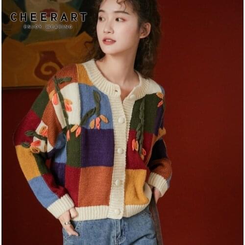 CHEERART Color Block Cardigan Sweater Flower Button Up Cute Sweater Knitted Japanese Cardigan Knitwear Kawaii Clothes
