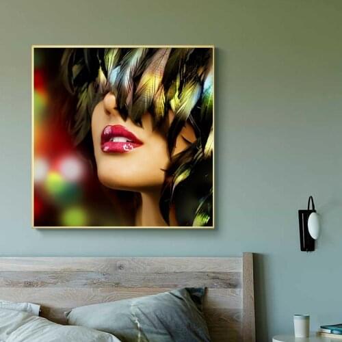 Sexy Red Lips Feather Headdress Canvas Painting Home Decorative Figuer Wall Art Posters and Prints Living Room Frameless