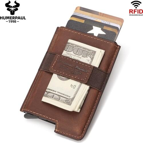 Leather Credit Card Holder Slim Aluminum Mens Wallet Elasticity Back Pouch Mini RFID Wallets Automatic Pop up Bank Card Case