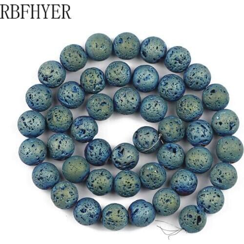 Natural Lava Stone Plating Green Round Stone Loose Beads For Jewelry Making DIY Bracelet Necklace Accessories 4/6/8/10/12MM