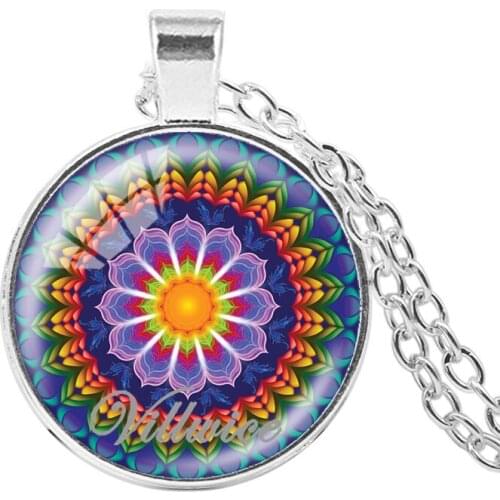 VILLWICE Buddhism OM Symbol India Mandala Flower Of Necklace Glass Dome Sacred Geometry Zen Pendant Art Jewelry Gifts 2018