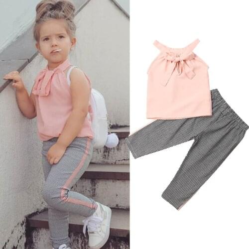 New Summer Toddler Girls Clothes Sets Pink Chiffon Sleeveless Vest Tops+Plaid Long Pants Outfit 1-5Y