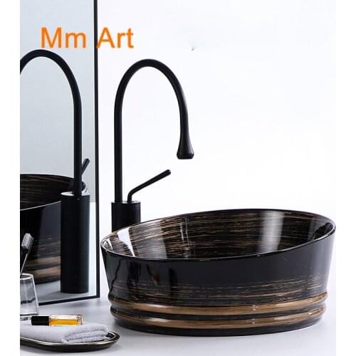 New design antiqu hotel home decor black round ceramic countertop bathroom sink art hand wash basin for dining room