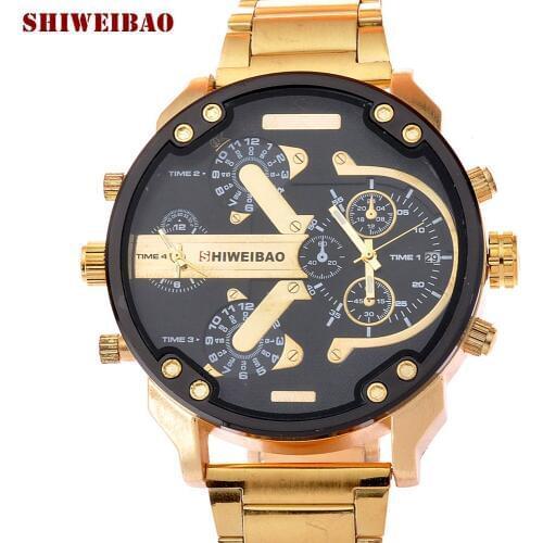 SHIWEIBAO Luxury Watch Men Waterproof Dual Time Display Quartz Wrist Watch with Stainless Steel Band Quartz Wristwatches