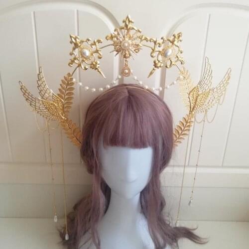 Gorgeous Angel wings Goddess Halo Apollo Bead Chain Head Crown Aperture Headdress Queen Headband Lolita