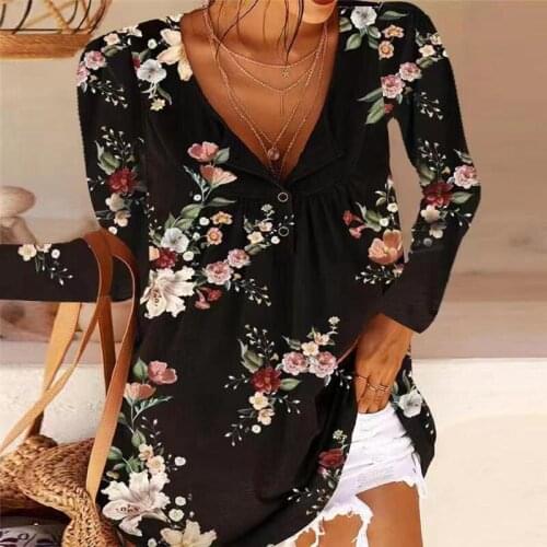 Women Vintage Flower Printed Long Sleeve Shirt Summe&autumn Casual V-neck Top Loose Blouses Pullover T-shirt Plus Size S-5XL