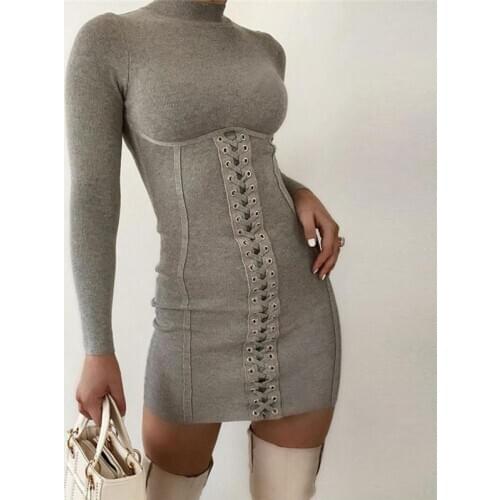 Women Dresses Winter and Autumn Sexy Slim Drawstring Long Sleeve Round Neck Solid Casual Mini Knitted Dress Female