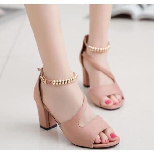 2020 Fashion Sexy Fish Mouth Hollow Roman Sandals Thick with Beaded High Heels Female Summer Sexy Female Sandals