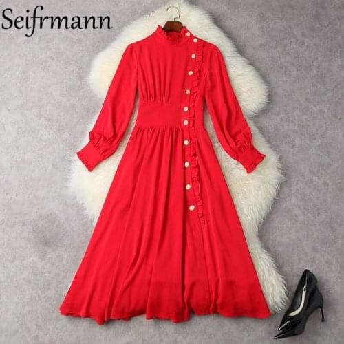 Seifrmann New 2021 Autumn Women Fashion Designer Party Midi Dress Lantern Sleeve Ruffles Single Breasted Red Print A-Line Dress