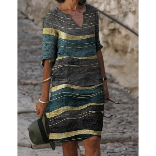 Elegant Vintage Striped Printed Dress for Womens Clothing 2021autumn New Loose Casual V-Neck Midi Dresses Ladies Robe Oversized