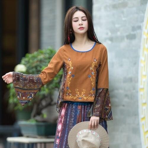 2021 Female Embroidery Chinese Top Daily Casual Blouse National Chinese Style Tops Hanfu Women Cotton Linen Thin Blouse 12666