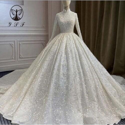 2022 Muslim Wedding Dresses High Collar Beaded Pearls Lace Long Sleeve Ball Gown Puffy Vestidos De Novias