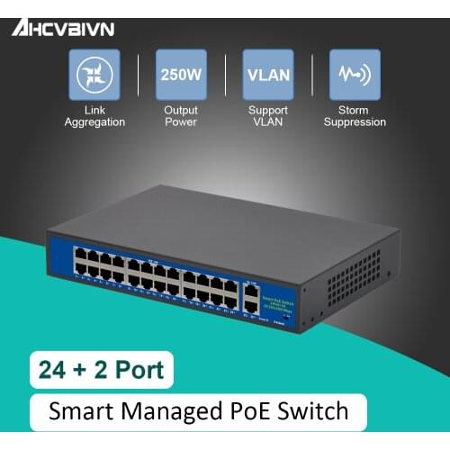 52V Network POE Switch Ethernet 10/100/1000Mbps 24ports IEEE 802.3af/at Suitable for IP camera/Wireless AP/CCTV camera 250m
